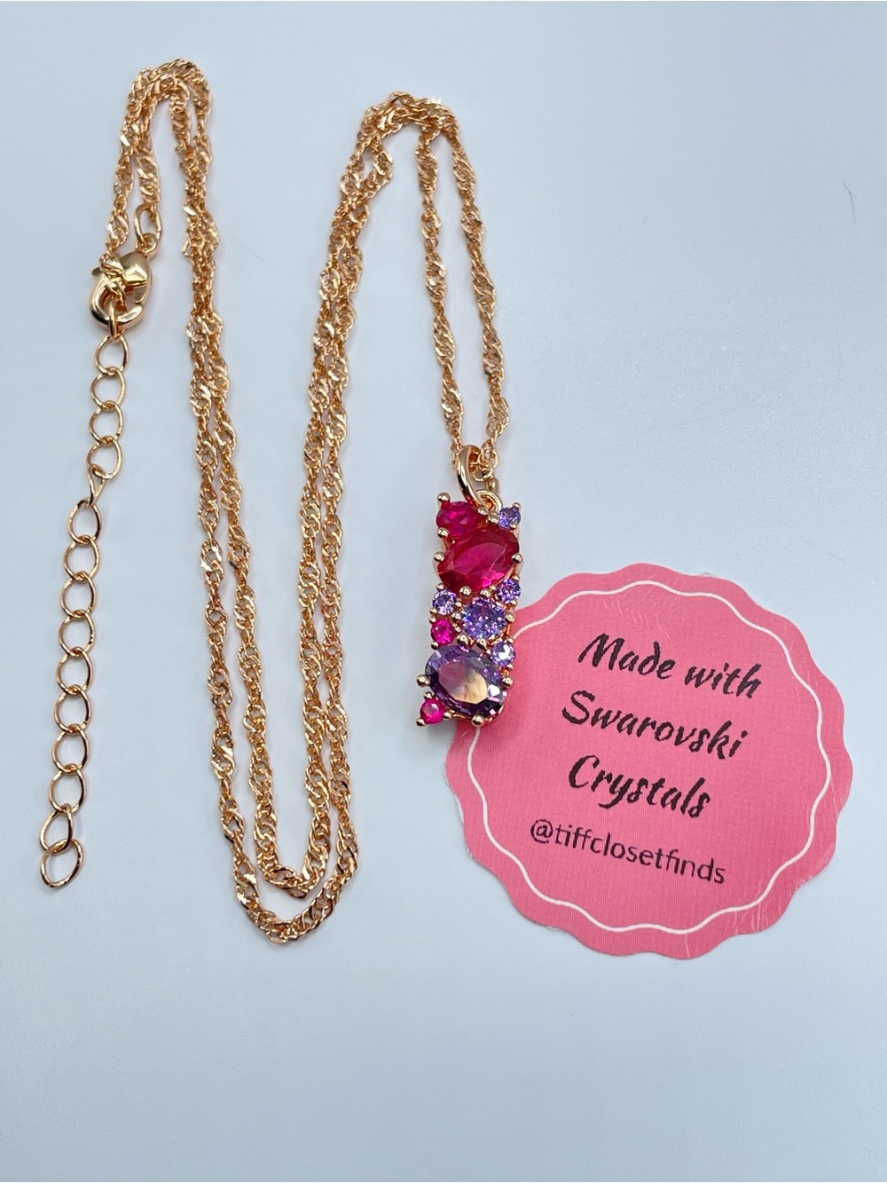Swarovski Crystal Elements Pink Purple Crystal Pendant Necklace Rose Gold Glam